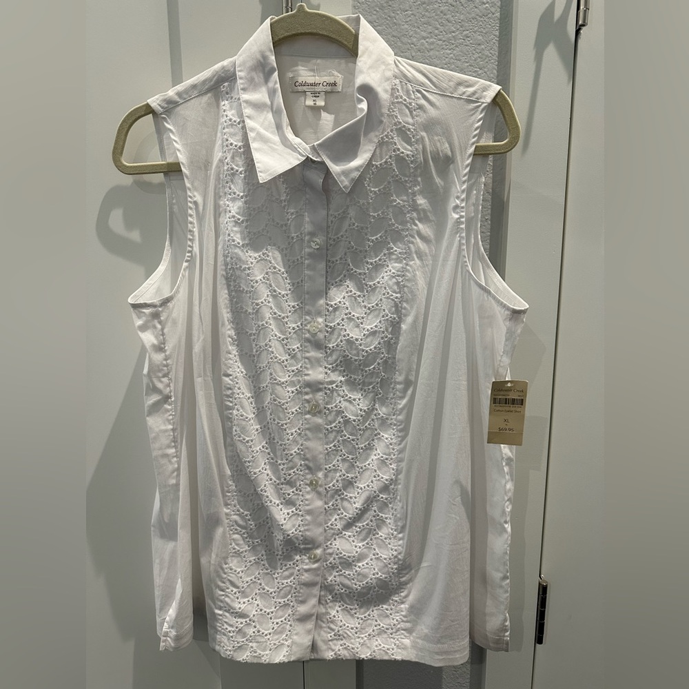 NWT Coldwater Creek White Eyelet Buttoned Sleeveless Shirt - size XL
